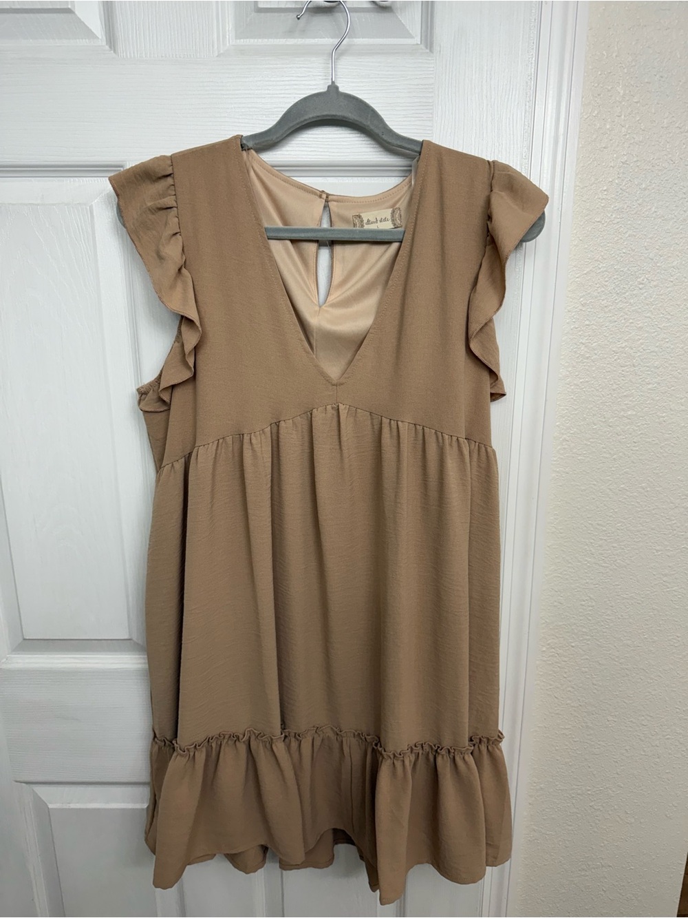 Altar'd State Tan Ruffle Sleeve V-Neck Mini Dress